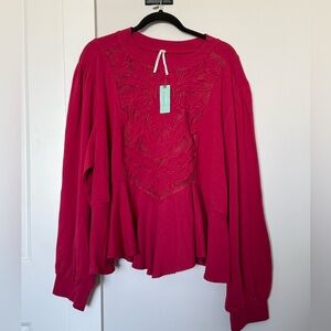 Anthropologie Red Sweatshirt with Sheer Detail